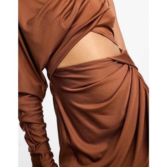 ASOS One Shoulder Draped Slinky Mini Dress in Chocolate, size 2, NWT - Picture 3 of 14